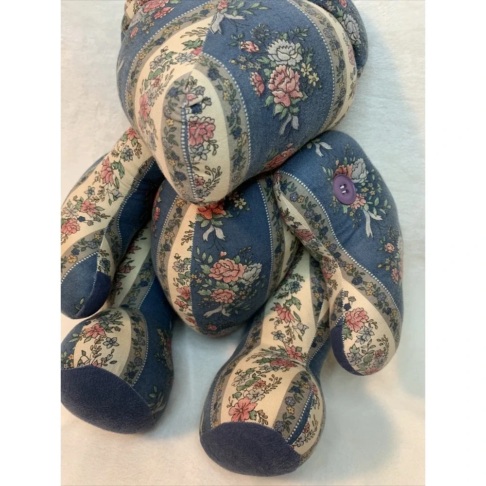 Vintage Patchwork Teddy Bear Stuffed Plush Floral Jointed Poseable Quilt Button - Picture 4 of 12